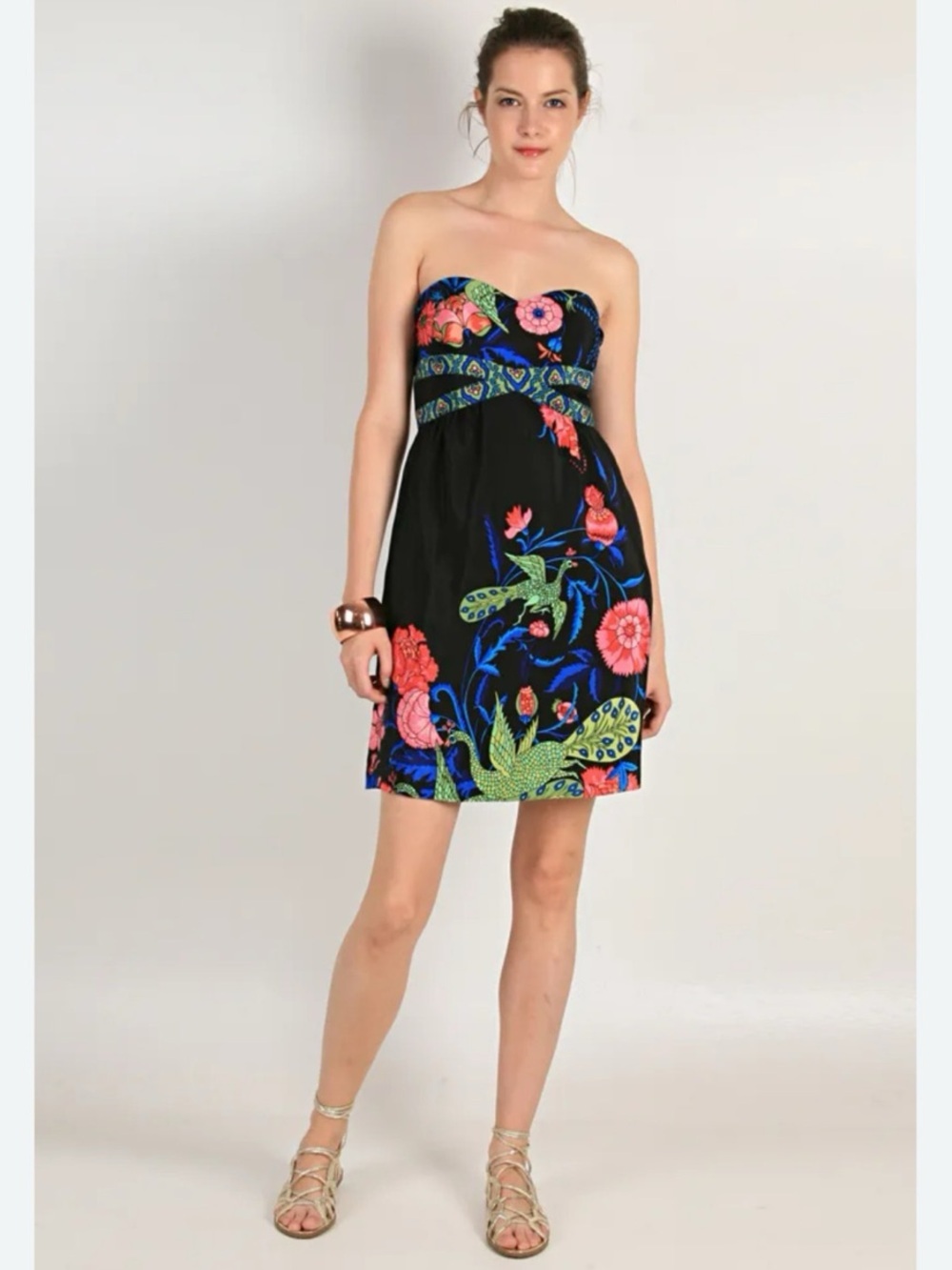 Tibi strapless silk mini dress vibrant "Palm Beach" bird floral garden and pea 6